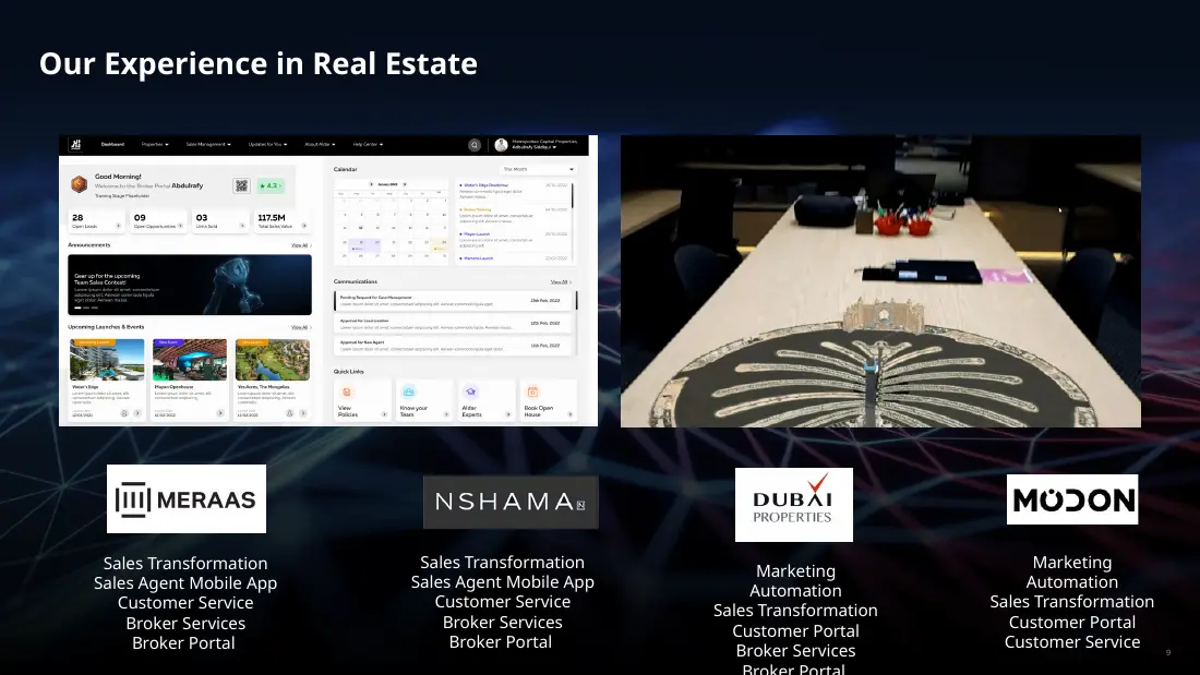 Project experience slide showing Real-Estate Operations logos and screenshots
